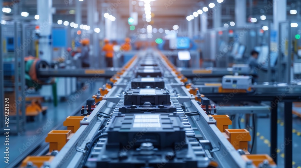 an electric vehicle production line, showcasing rows of battery cells on an assembly belt in a modern factory hall.  technology and innovation concept