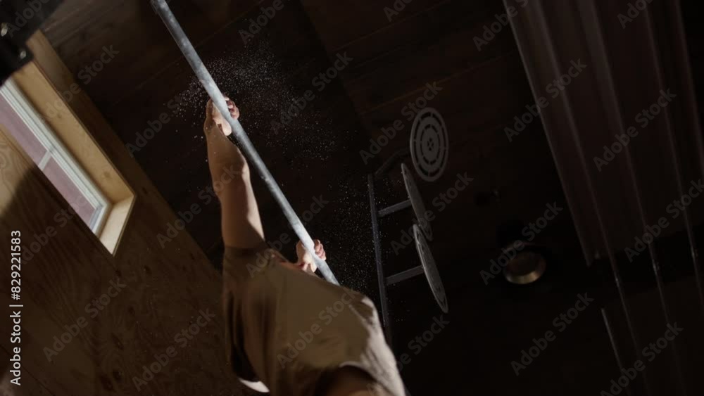 Guy in gym use momentum to do muscle up pull up, upwards slomo view