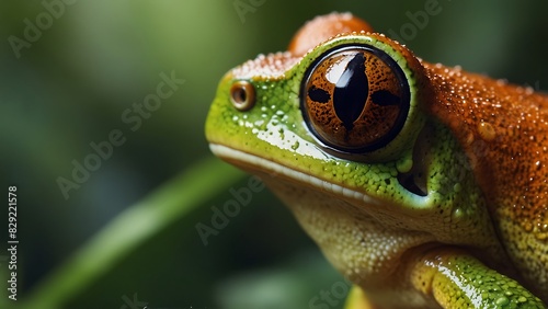 close up portrait of a green frog relaxing on a leaf stem photo