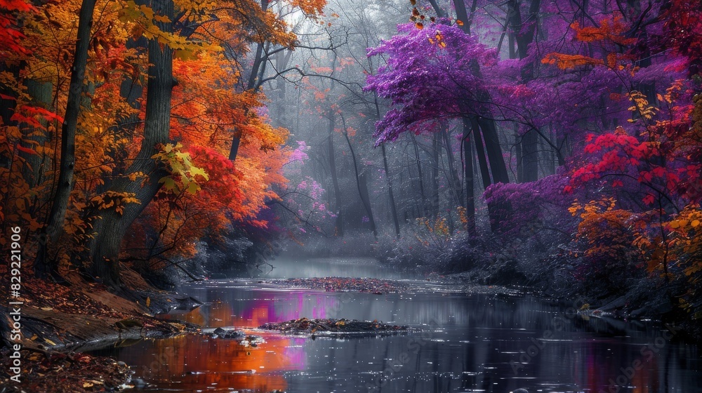 A river with a colorful fall foliage lining the banks
