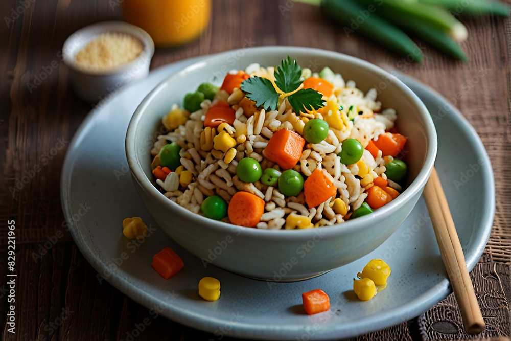 Fried rice with green peas, carrots, and corn. A colorful, vegetarian, and healthy dish, perfect for nutritious meal themes. Fried rice with green peas, carrots, and corn. A colorful, vegetarian, and healthy dish, perfect for nutritious meal themes.
