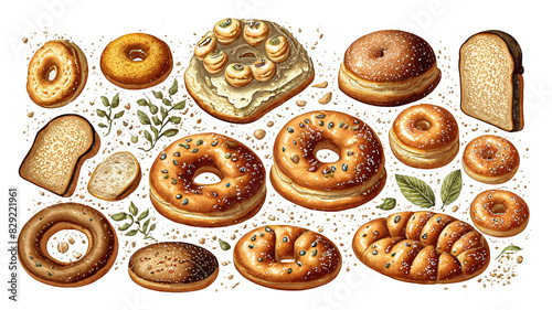 A variety of cute, casual breads including loaf, croissant, baguette, bagel, donut, and brioche. The artworks are hand-painted in an acrylic style on a white background, created using AI.