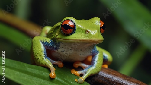 close up portrait of a green frog relaxing on a leaf stem