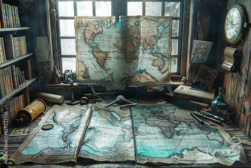 Ancient trade routes map in an explorers study
