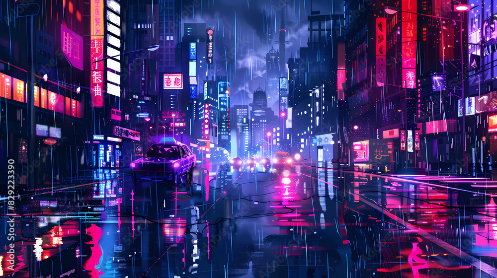 A futuristic cityscape with neon lights reflecting on wet streets