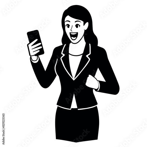 A woman holding a mobile phone and get excited offer, now she is very excited, enjoy the moment vector silhouette