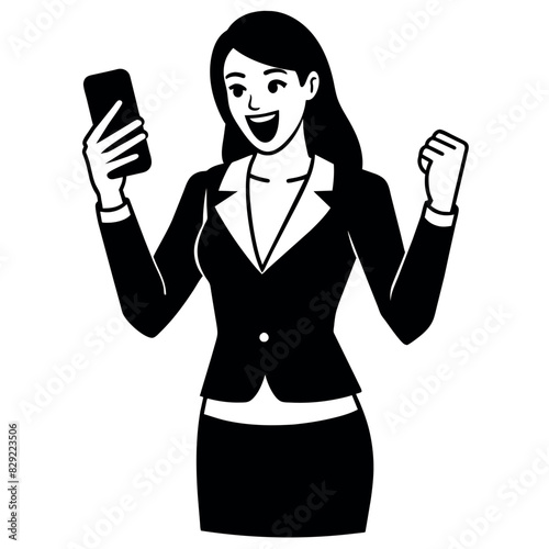 A woman holding a mobile phone and get excited offer, now she is very excited, enjoy the moment vector silhouette