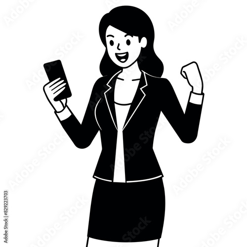 A woman holding a mobile phone and get excited offer, now she is very excited, enjoy the moment vector silhouette