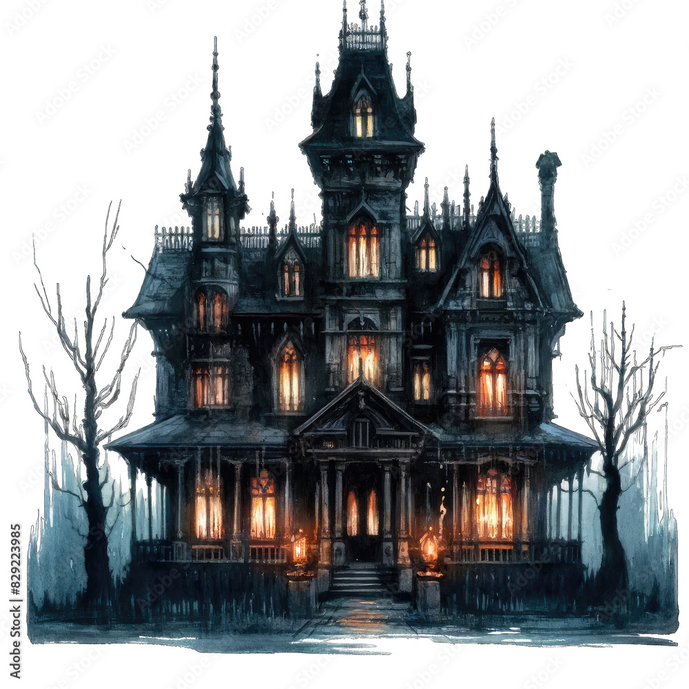 Obraz premium Haunted mansion with flickering lights on white background