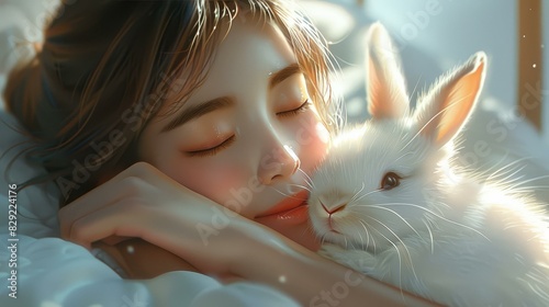 Delicate illustration of a woman tenderly cuddling a fluffy white bunny in soft lighting. photo