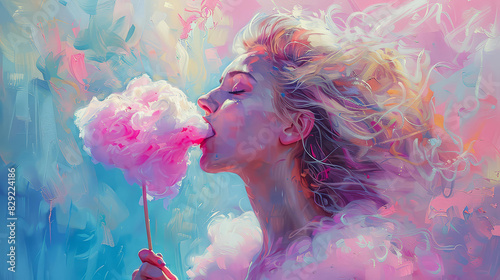 Delightful illustration of a chic lady savoring cotton candy, exuding nostalgia and freedom in soft pastel hues. photo