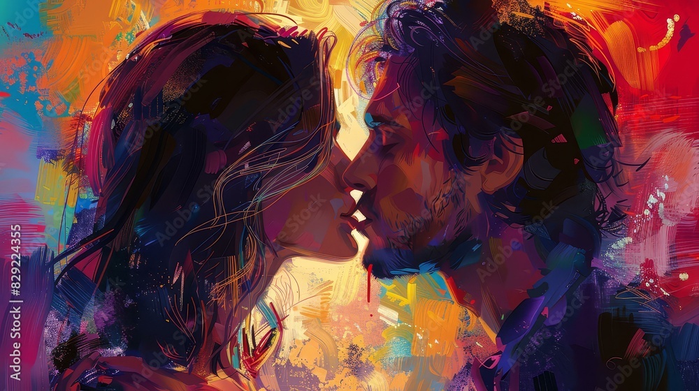 Emotive illustration of a graceful woman kissing her partner with tenderness and passion. Emotive illustration of a graceful woman kissing her partner with tenderness and passion.
