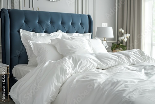 Bedroom with white bed linen blue headboard and bedside table