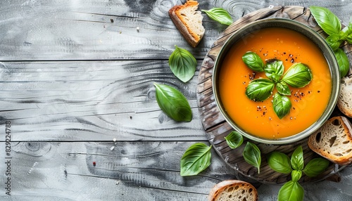 Blend tomato soup with basil leaves and serve with rye bread on a wooden background photo