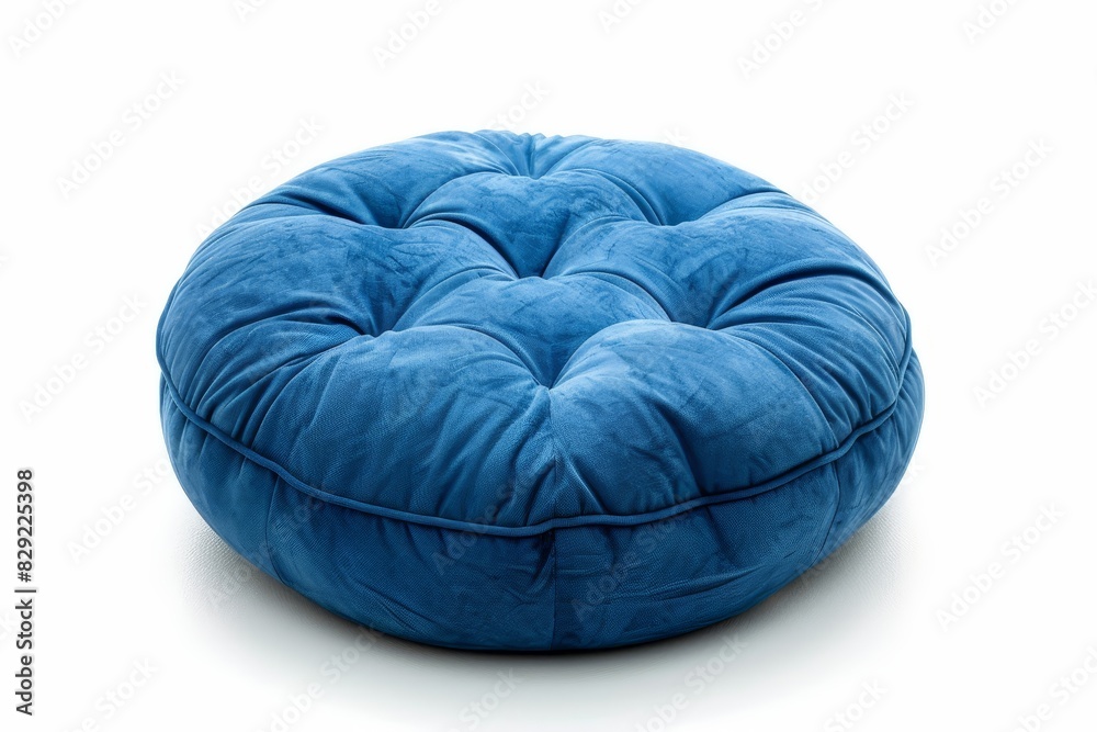 Blue round puff cushion versatile seating option for floor or furniture White isolated bench seat Blue round puff cushion versatile seating option for floor or furniture White isolated bench seat
