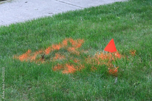 Underground utilities with bright paint and flag marking for construction 