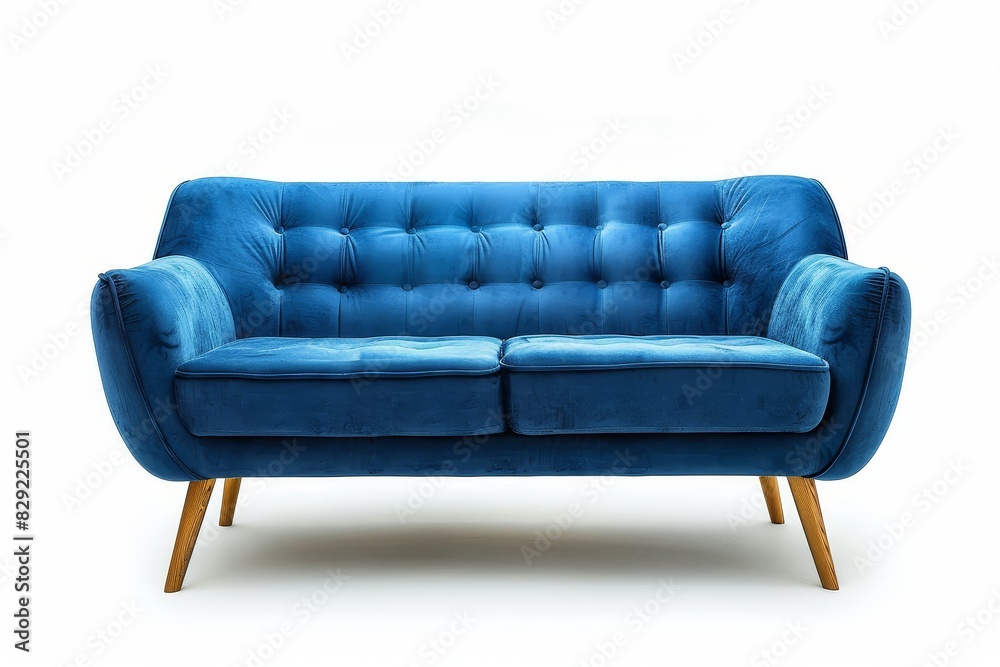 Fototapeta premium Blue sofa on wooden legs isolated on white background Furniture collection