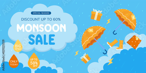 Monsoon Sale Poster. Monsoon Sale banner. Discount, Cute umbrella for monsoon season sale, template, Text Space Background. vector illustration