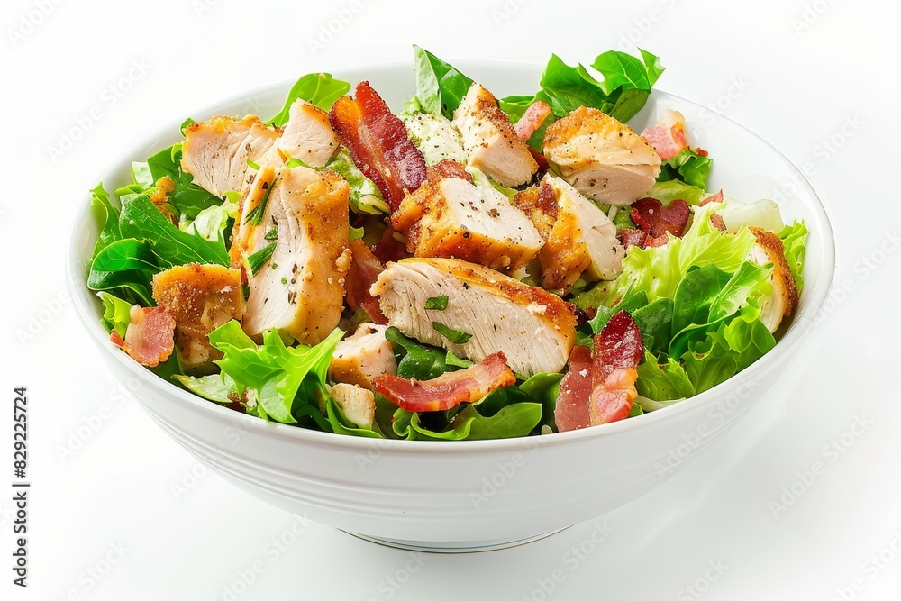 Caesar salad with chicken and bacon in a bowl on white background Caesar salad with chicken and bacon in a bowl on white background