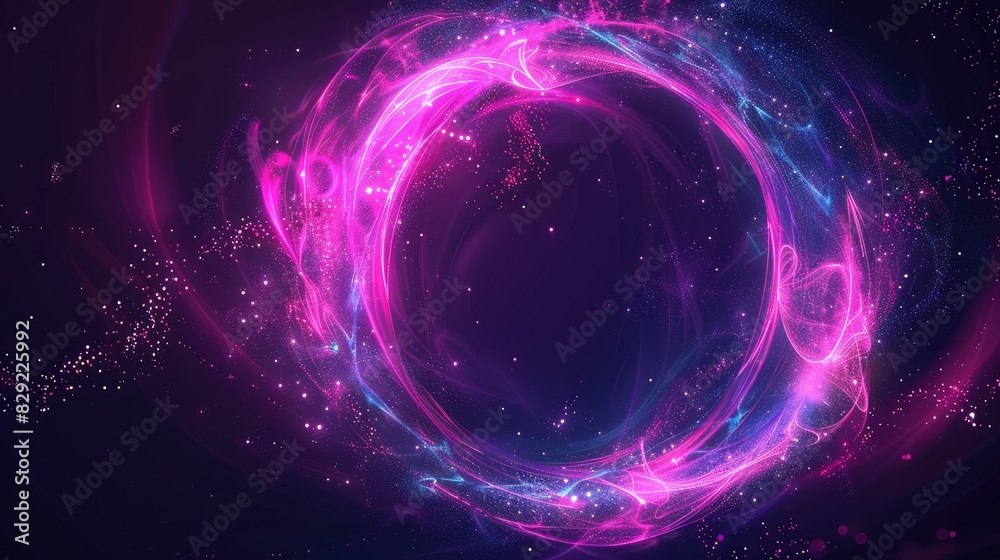 Obraz premium Circle and loop frames with magic purple and pink flame and sparks isolated on transparent material, abstract neon energy sphere of particles and waves of magical glowing on a dark background