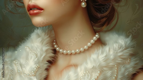 Illustration of a glamorous woman in vintage elegance with fur stole and pearl accessories, rich textures, and sophisticated details.