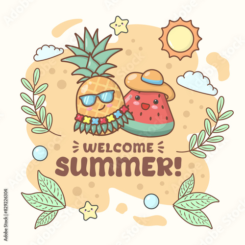 summer vibes party beach watermelon and banana watermelon with cute facial expressions and pastel colour