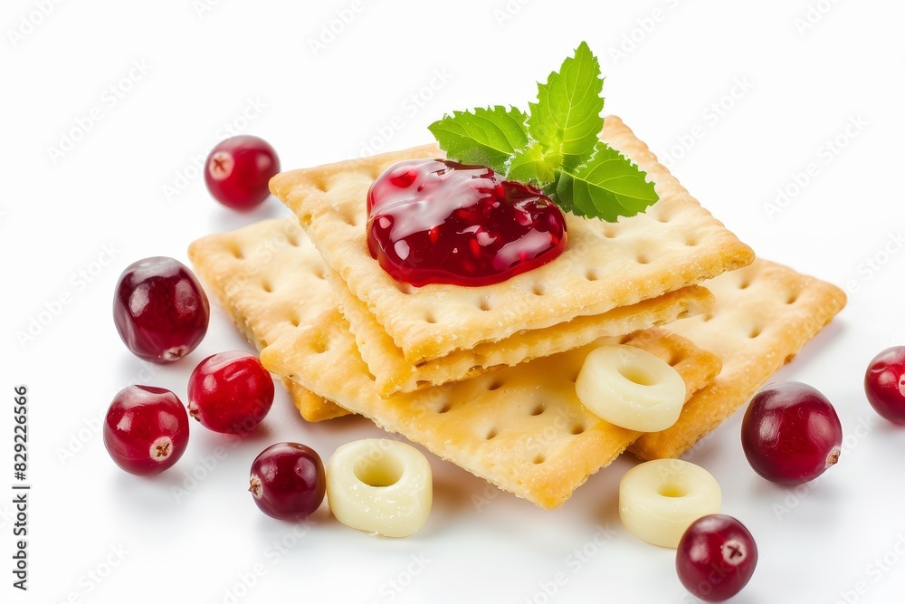 Cheese and cranberry jam on cracker white background Cheese and cranberry jam on cracker white background