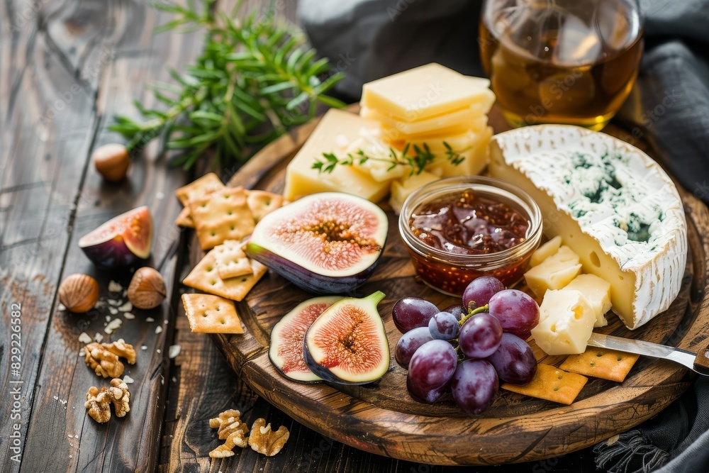 Cheese and fruit platter on wood with crackers and nuts