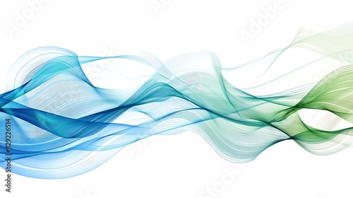 Abstract wavy lines in shades of blue and green on a white background.