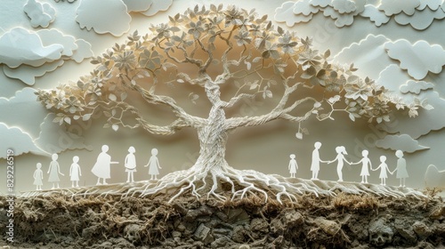 Illustrate a paper cut of a family tree with each branch made of paper representing generations of knowledge