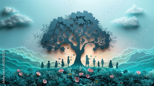 Illustrate a paper cut of a family tree with each branch made of paper representing generations of knowledge