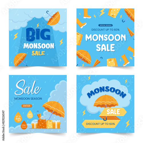 Monsoon sale, Set of 4 vector brouchure, Discount, Offers. monsoon season background. rainy day concept. rainy season. rainy background. rain. Umbrella. template, Vector illustration.