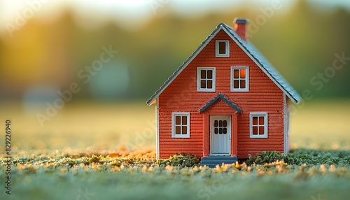 Miniature house coin bank on coloured background.