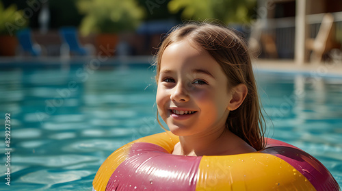 Portrait of a happy young Caucasian girl kid in a rubber tube in a swimming pool ring during summer vacation, sunlight 
