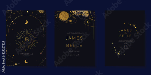 Navy Blue Luxury Wedding Invitation, start invite thank you, rsvp modern card Design in Night sky with  little star moon sun and space decorative Vector elegant rustic template