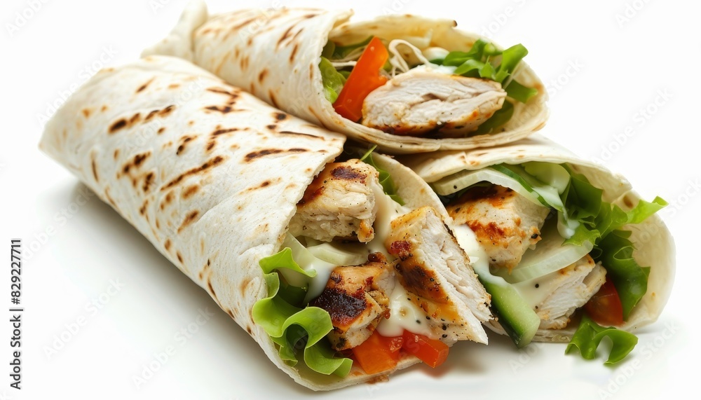 Chicken and salad tortilla wrap with white sauce set apart on a white background Chicken and salad tortilla wrap with white sauce set apart on a white background