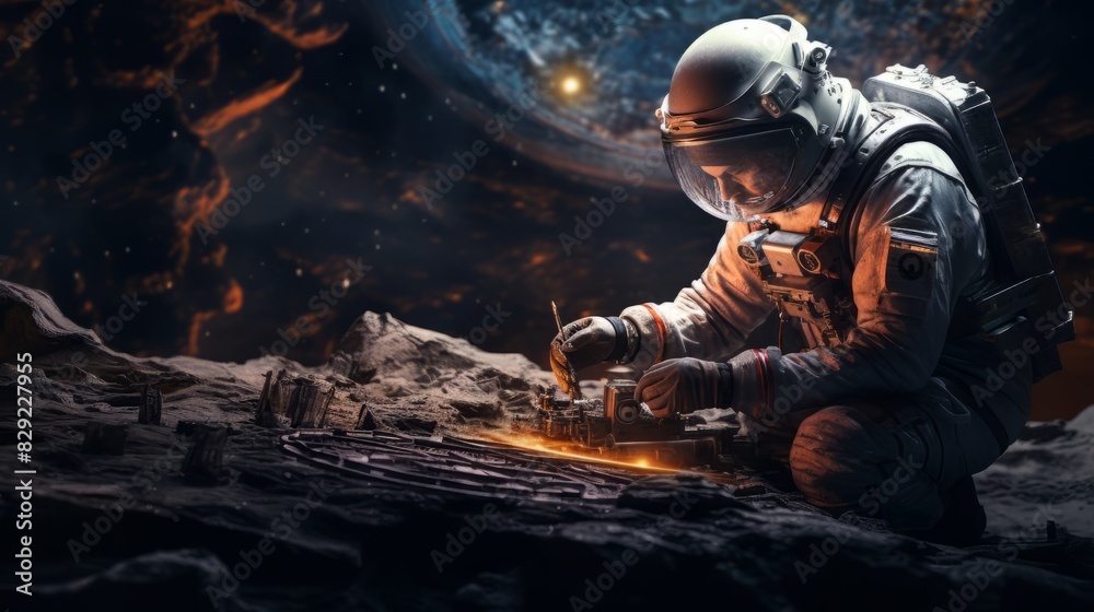 A male astronaut, with a reflective glass helmet, evoking the spirit of space exploration by Ai generate.
