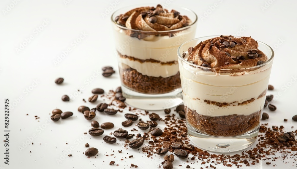Classic Italian tiramisu in a glass cup Homemade preparation steps for tiramisu in a glass cup Traditional unbaked Italian treat on a white surface Coffee and