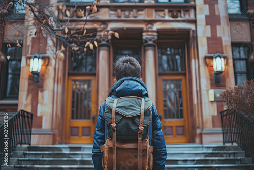 Student with Backpack Standing in Front of University Building