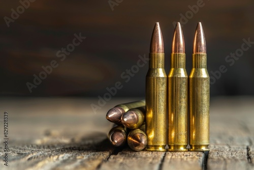 Close up of 308 caliber rifle cartridges on wooden surface with dark background photo