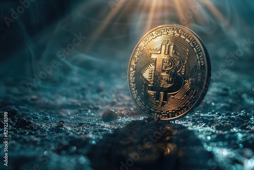 Golden Bitcoin Coin Standing Upright on Ground with Ambient Lighting and Smoke in Background photo