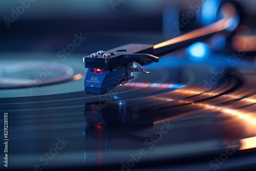 Close up of a vintage audio needle on a vinyl record photo