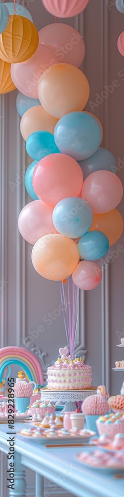 A pastel rainbow themed party with cake and decorations. A pastel rainbow themed party with cake and decorations.