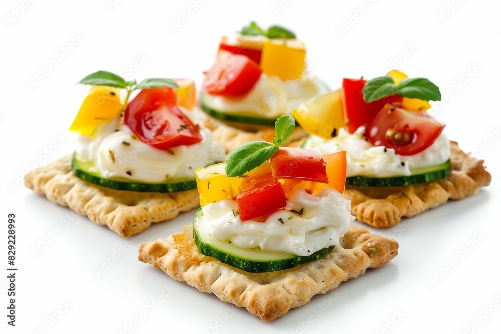 Close up of cream cheese and vegetable appetizers on crackers isolated on white background Close up of cream cheese and vegetable appetizers on crackers isolated on white background