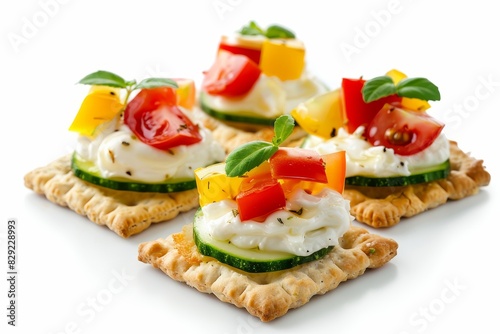 Close up of cream cheese and vegetable appetizers on crackers isolated on white background photo