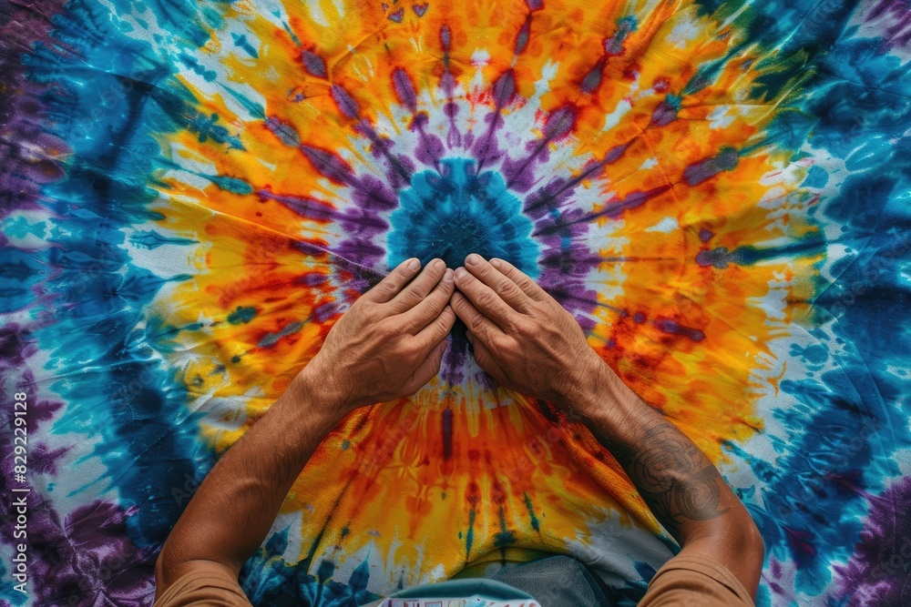 Fototapeta premium Vibrant Tie-Dye Artwork with Hands, Colorful Textile Pattern, Creative Fabric Design