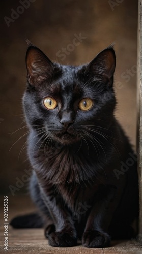 Portrait of a Black Cat with Yellow Eyes