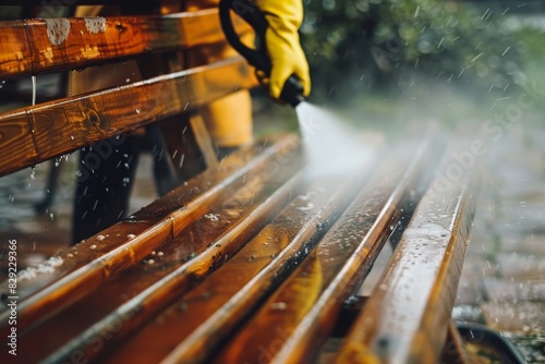 Close up of person pressure washing wooden garden furniture bench outside in summer photo