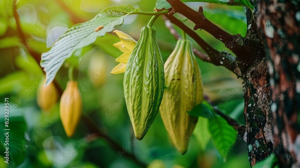 Cocoa Pods Growing On A Cocoa Tree In A Lush Tropical Rainforest Environment. Cocoa Pods Growing On A Cocoa Tree In A Lush Tropical Rainforest Environment.