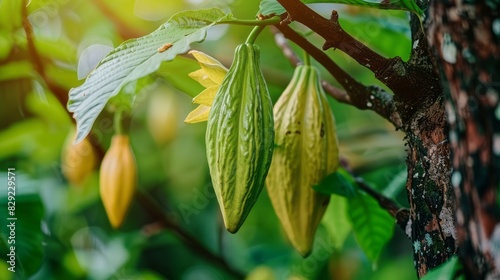 Cocoa Pods Growing On A Cocoa Tree In A Lush Tropical Rainforest Environment.